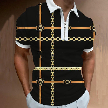 Chain Print Polo Shirt Casual Short-sleeved Men's T-shirt Top