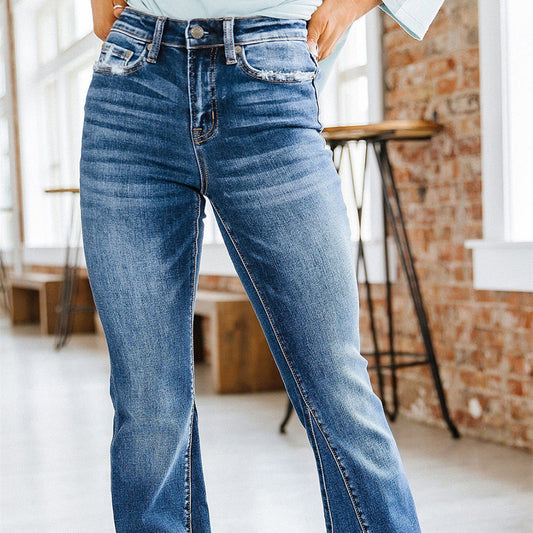 Washed High Waist Jeans Paneled Women's Flare