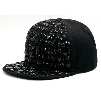 Adjustable Men's And Women's Flat Brim Full Black Diamond Rivet Baseball Hat