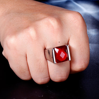 Stainless Steel  Male Retro Garnet Red Creative Ring