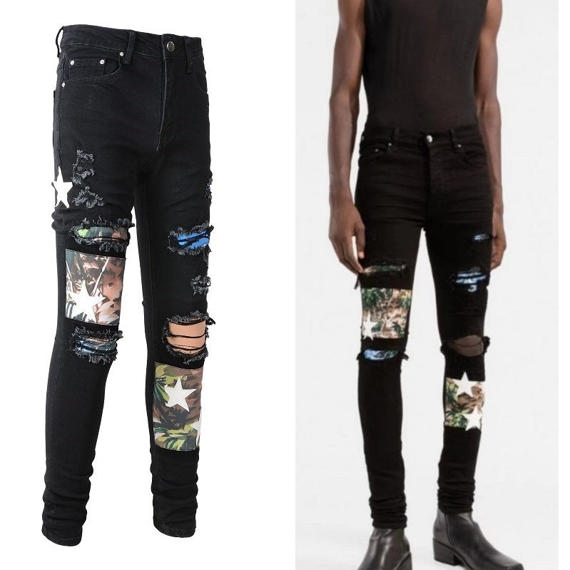 White Star Print Patch Ripped Stretch Slim Black Jeans For Men