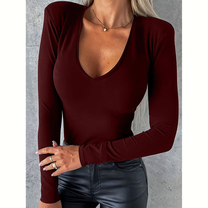 Women's Long-sleeved V-neck Tight Bottoming Casual Simple T-shirt Top