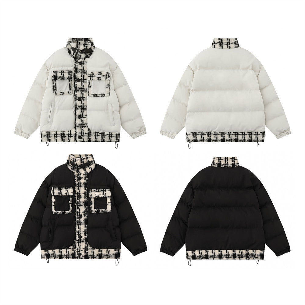 Lambswool Stitching Color-contrast Check Cotton Coat Jacket