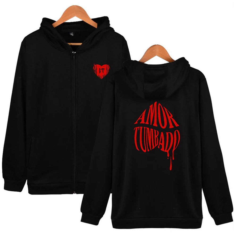 Loose Zip Fleece Printed Long Sleeve Hooded Drawstring Sweatshirt