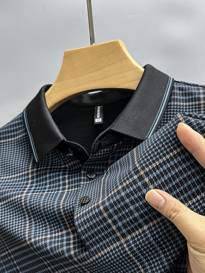 Summer Thin Section Traceless Shirt Collar Plaid Printed Clothing For Middle-aged Dad Half Sleeve Polo Shirt