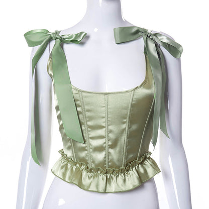 Fishbone Waist Bow Shoulder Strap Ruffled Top