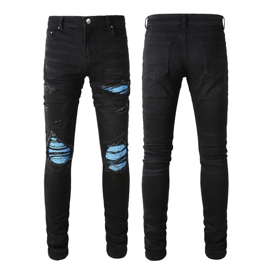 Trendy Brand Ripped Patch Jeans Patch Elastic