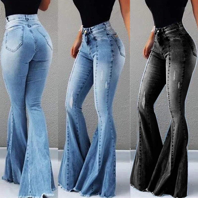 Elastic High Waist Ripped Denim Bell-bottom Pants Women